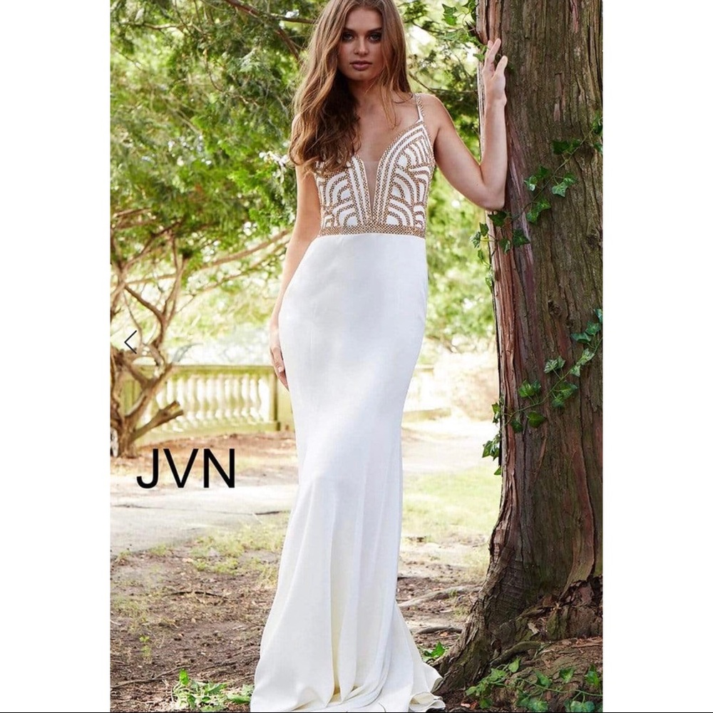 Jovani Scallop Beaded Satin Sheath Gown